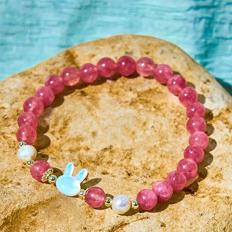 KarmaRipple's Strawberry Quartz Pearl Cat Rabbit Balancing Bracelet p4