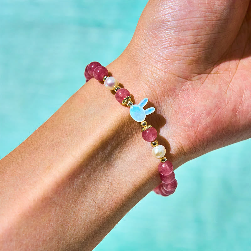 KarmaRipple's Strawberry Quartz Pearl Cat Rabbit Balancing Bracelet p5
