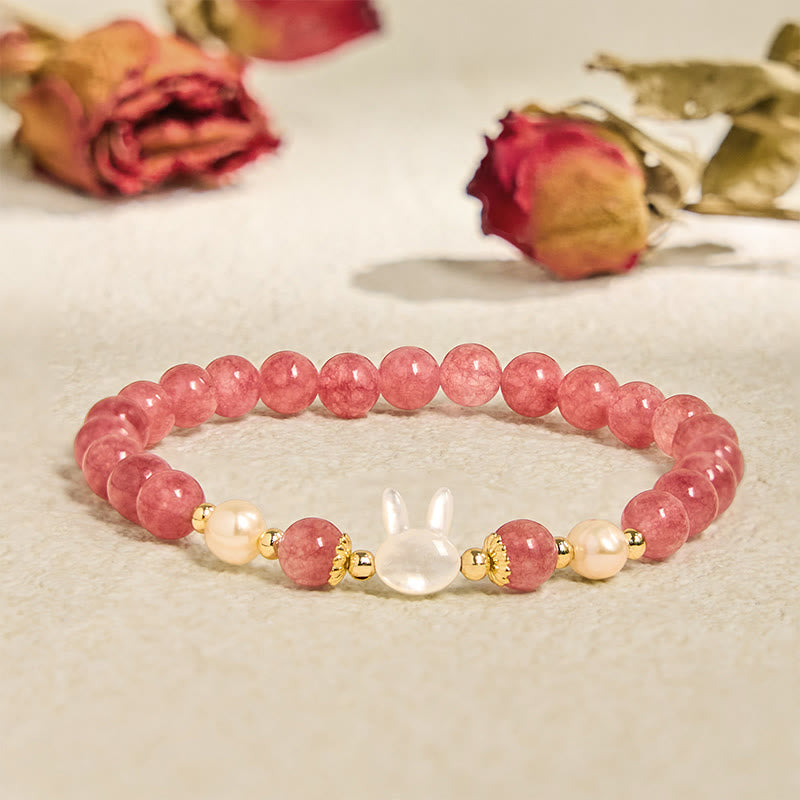 KarmaRipple's Strawberry Quartz Pearl Cat Rabbit Balancing Bracelet p1
