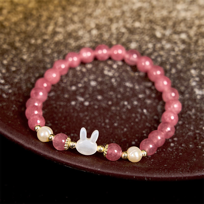KarmaRipple's Strawberry Quartz Pearl Cat Rabbit Balancing Bracelet p3