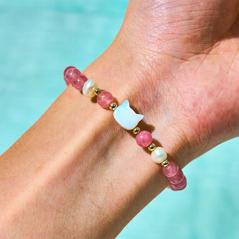 KarmaRipple's Strawberry Quartz Pearl Cat Rabbit Balancing Bracelet p8
