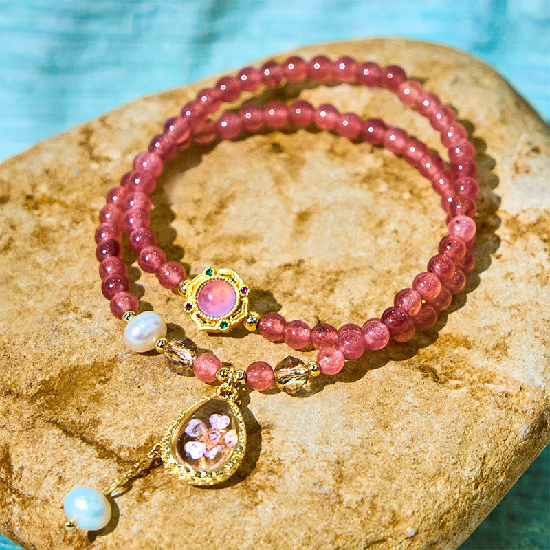 KarmaRipple's Authentic Strawberry Quartz Pearl Butterfly Water Drop Positive Double Wrap Bracelet p8