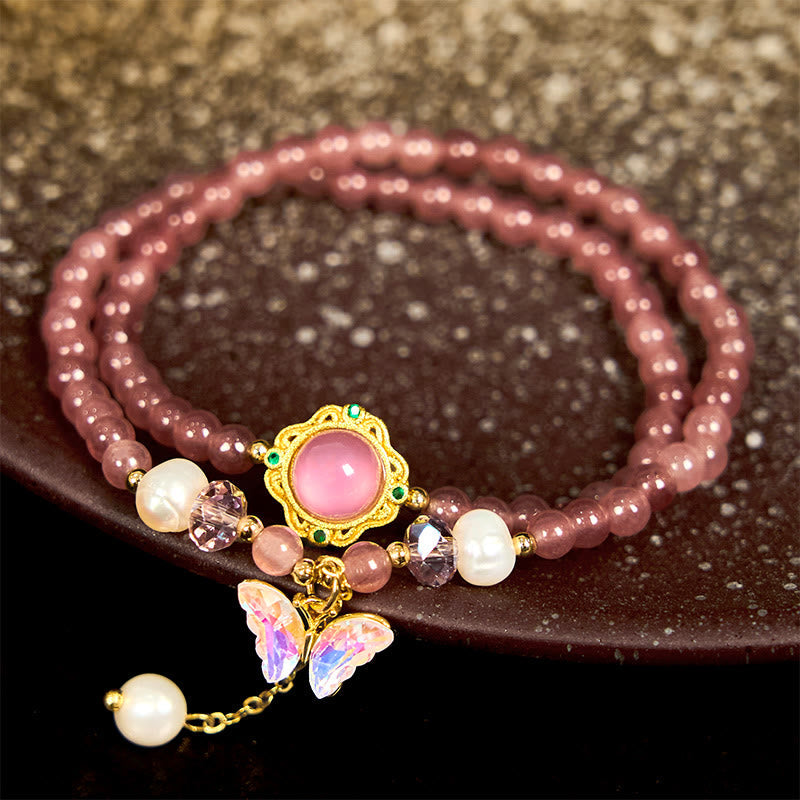 KarmaRipple's Authentic Strawberry Quartz Pearl Butterfly Water Drop Positive Double Wrap Bracelet p1