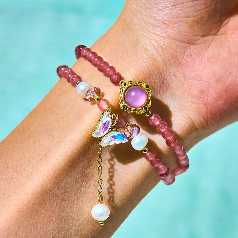 KarmaRipple's Authentic Strawberry Quartz Pearl Butterfly Water Drop Positive Double Wrap Bracelet p4