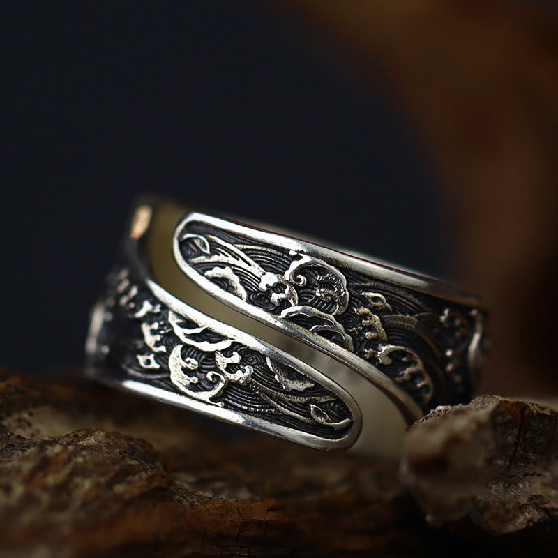 KarmaRipple's Adjustable Opening 925 Sterling Silver Fortunate Koi Fish Bronze Coin Auspicious Clouds Wealth Ring p12