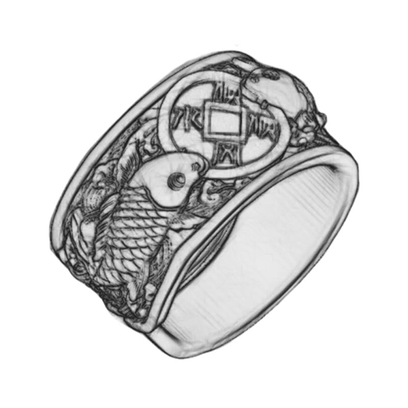 KarmaRipple's Adjustable Opening 925 Sterling Silver Fortunate Koi Fish Bronze Coin Auspicious Clouds Wealth Ring p10