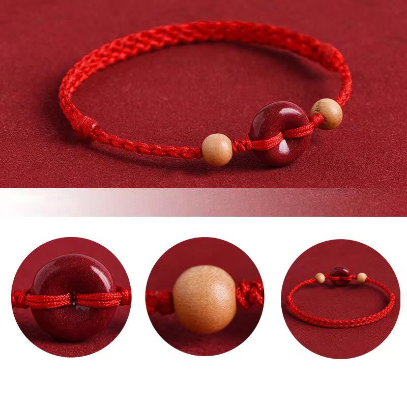 KarmaRipple's Peach Wood Peace Buckle Cinnabar Wealth String Bracelet Anklet p5