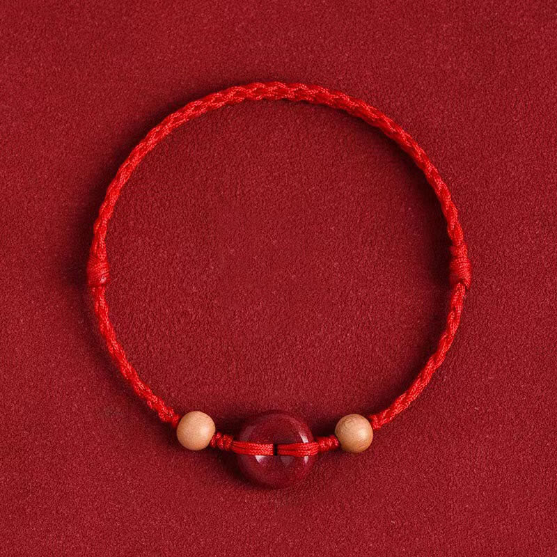 KarmaRipple's Peach Wood Peace Buckle Cinnabar Wealth String Bracelet Anklet p1