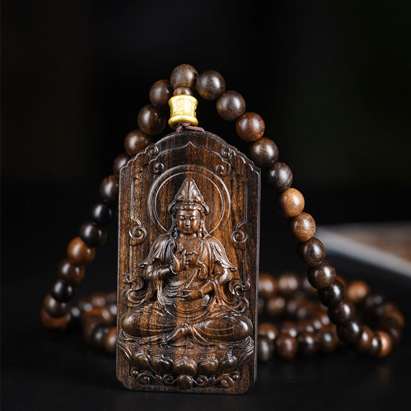 KarmaRipple's Qinan Agarwood Avalokitesvara Yellow God of Wealth Strength Bead Pendant Necklace p1
