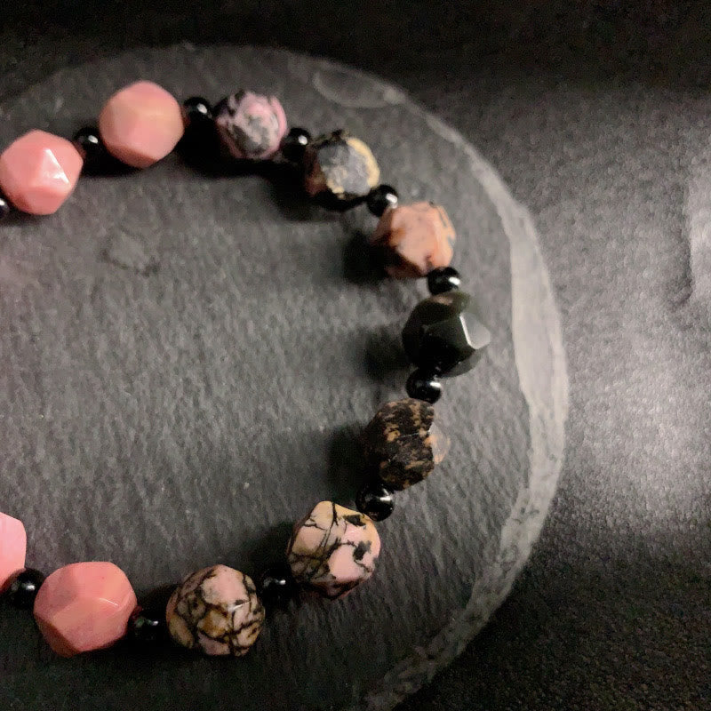 KarmaRipple's Authentic Rhodonite Black Line Red Spot Stone Polygon Beadwork Balancing Bracelet p4