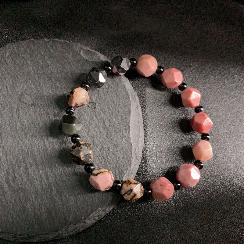 KarmaRipple's Authentic Rhodonite Black Line Red Spot Stone Polygon Beadwork Balancing Bracelet p1