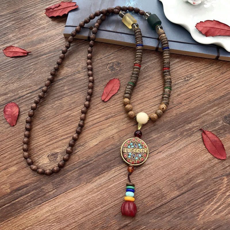 KarmaRipple's Tibetan Handmade Coconut Shell Schima Wood Great Bright Mantra Bronze Bead Balance Pendant Necklace p4