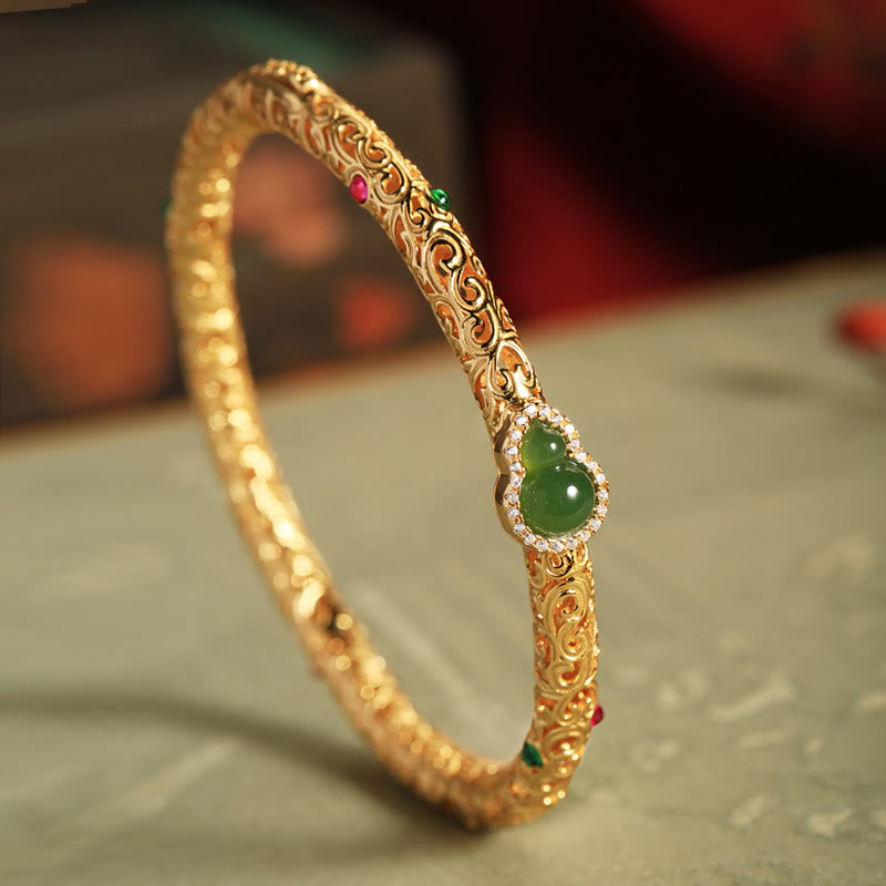 KarmaRipple's Cyan Jade Bronze Plated Gold Auspicious Clouds Gourd Fortune Bracelet Bangle p1
