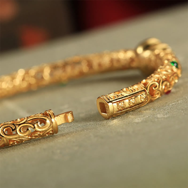 KarmaRipple's Cyan Jade Bronze Plated Gold Auspicious Clouds Gourd Fortune Bracelet Bangle p4