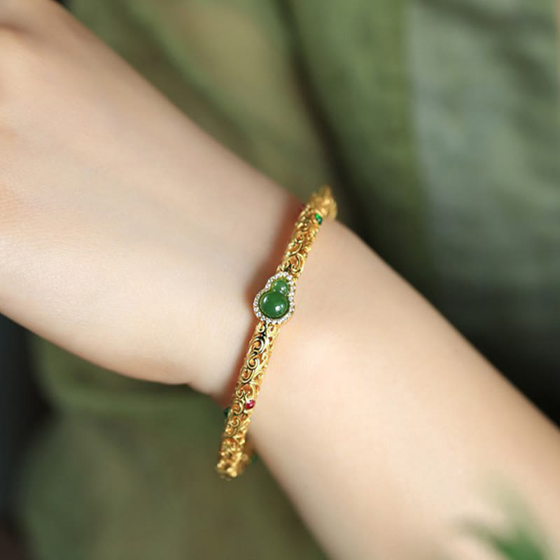 KarmaRipple's Cyan Jade Bronze Plated Gold Auspicious Clouds Gourd Fortune Bracelet Bangle p10