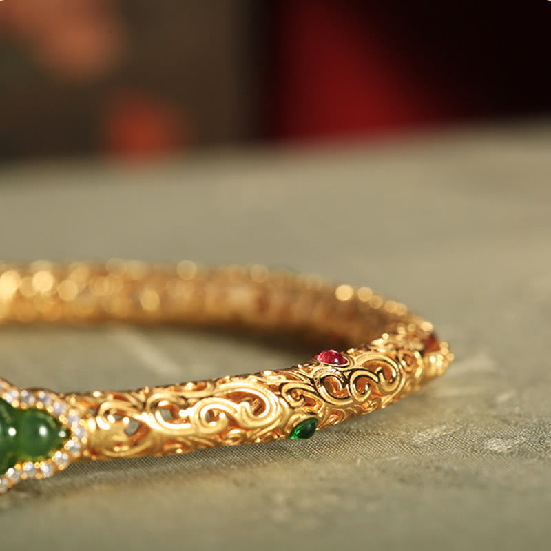 KarmaRipple's Cyan Jade Bronze Plated Gold Auspicious Clouds Gourd Fortune Bracelet Bangle p14
