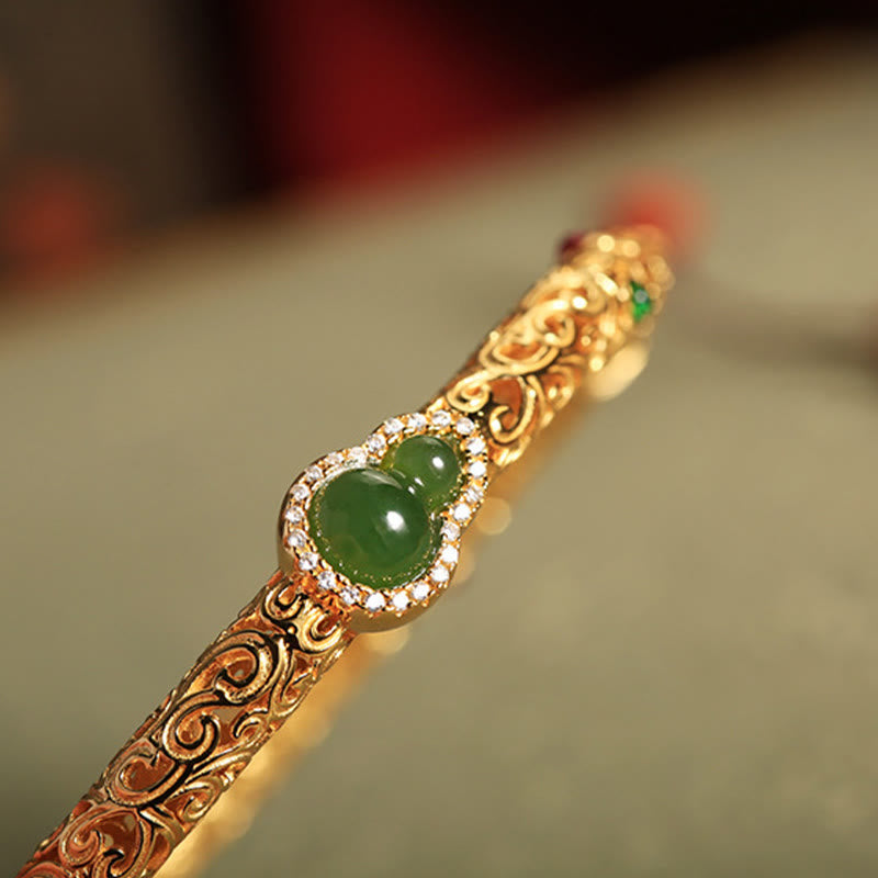 KarmaRipple's Cyan Jade Bronze Plated Gold Auspicious Clouds Gourd Fortune Bracelet Bangle p12