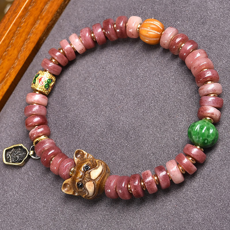 KarmaRipple's Authentic Tibetan Camel Bone Purple Blood Beadwork Pug Fortune Bracelet p1