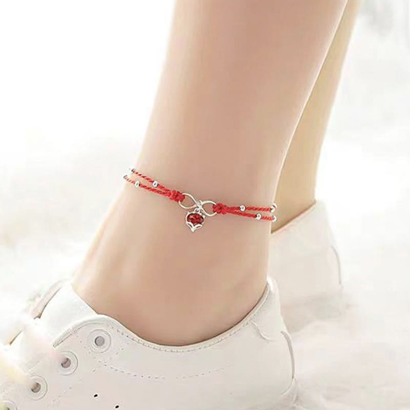 KarmaRipple's 925 Sterling Silver Fox Peach Blossom Red String Connection Bracelet Anklet p2