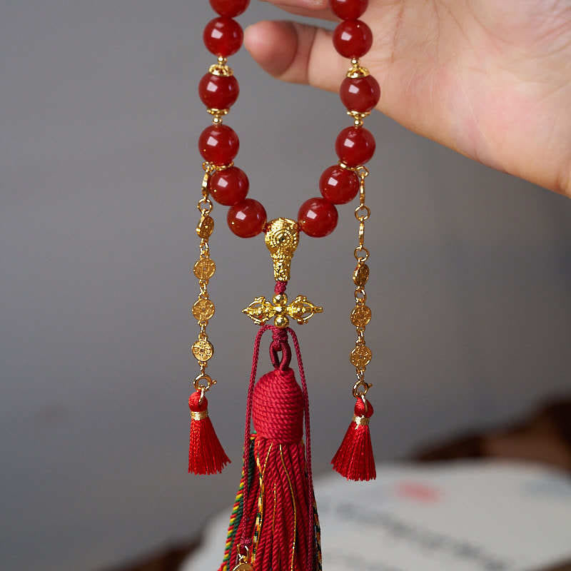 KarmaRipple's 18 Beadwork Bronze Coins Tibet Tassel Red Agate Calm Wrist Mala p4