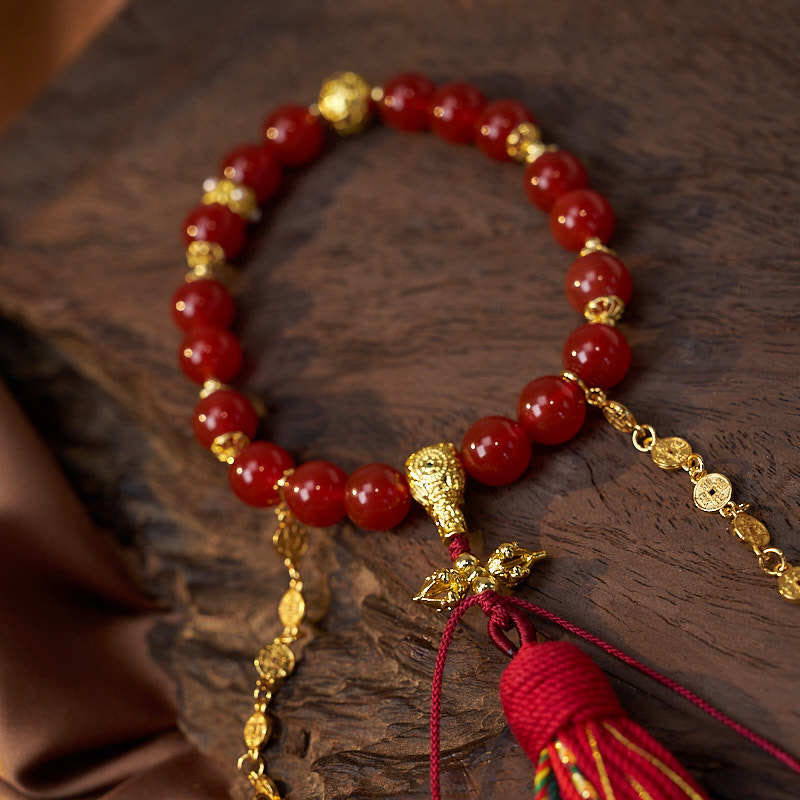 KarmaRipple's 18 Beadwork Bronze Coins Tibet Tassel Red Agate Calm Wrist Mala p2
