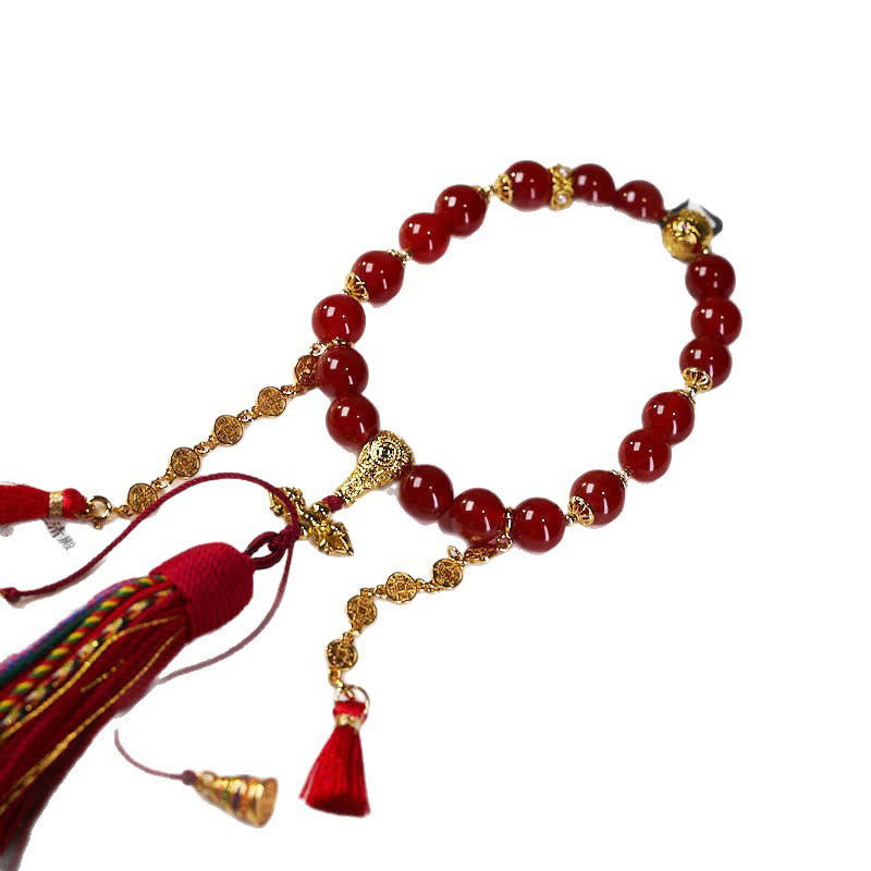 KarmaRipple's 18 Beadwork Bronze Coins Tibet Tassel Red Agate Calm Wrist Mala p8