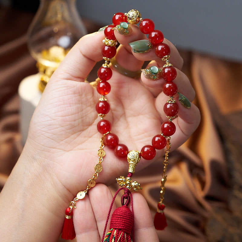 KarmaRipple's 18 Beadwork Bronze Coins Tibet Tassel Red Agate Calm Wrist Mala p5