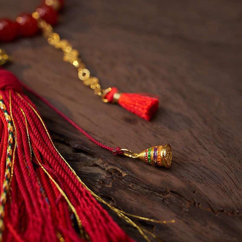 KarmaRipple's 18 Beadwork Bronze Coins Tibet Tassel Red Agate Calm Wrist Mala p6