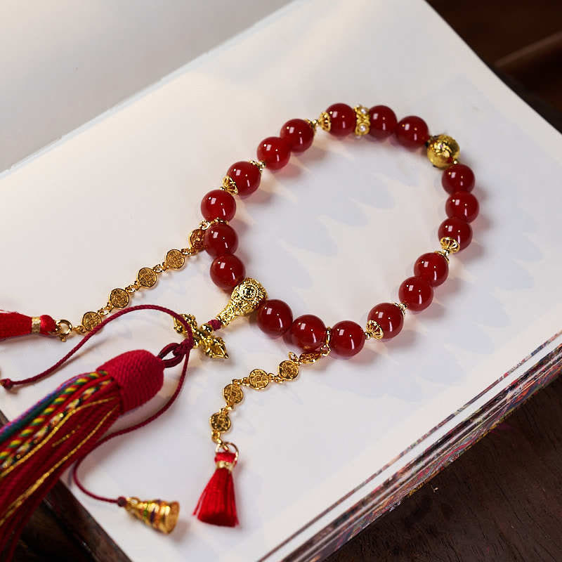 KarmaRipple's 18 Beadwork Bronze Coins Tibet Tassel Red Agate Calm Wrist Mala p3