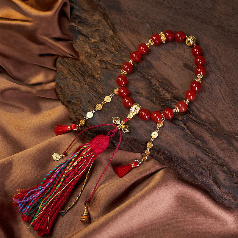 KarmaRipple's 18 Beadwork Bronze Coins Tibet Tassel Red Agate Calm Wrist Mala p1