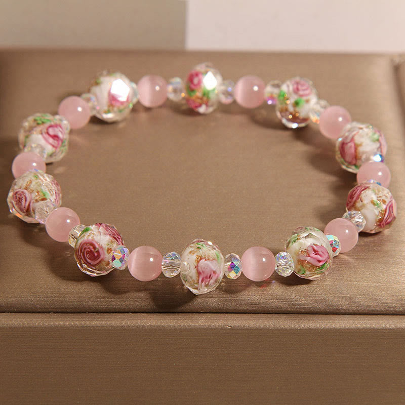 KarmaRipple's Pink Gemstone Liuli Glass Bead Cat's Eye Warmth Bracelet p1