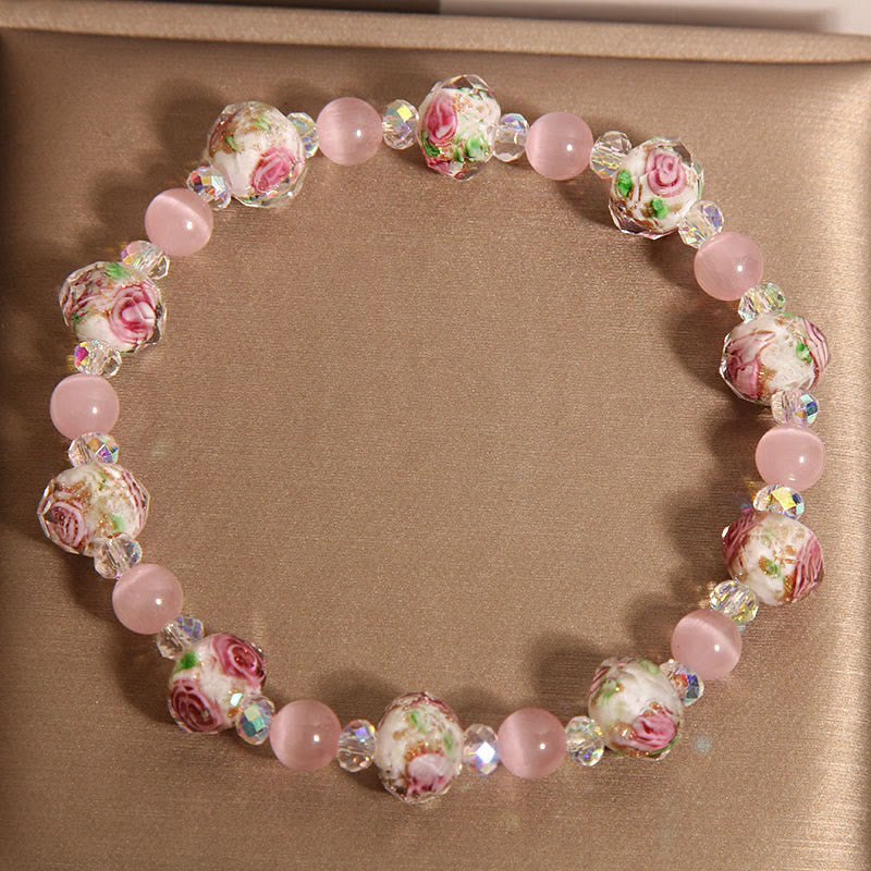 KarmaRipple's Pink Gemstone Liuli Glass Bead Cat's Eye Warmth Bracelet p4