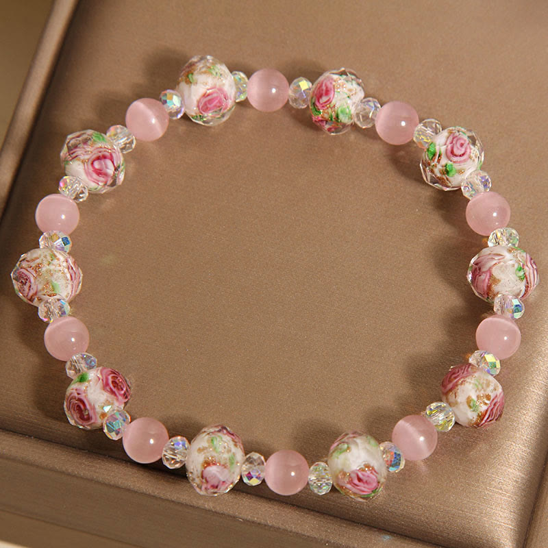 KarmaRipple's Pink Gemstone Liuli Glass Bead Cat's Eye Warmth Bracelet p2