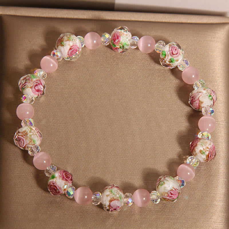 KarmaRipple's Pink Gemstone Liuli Glass Bead Cat's Eye Warmth Bracelet p3