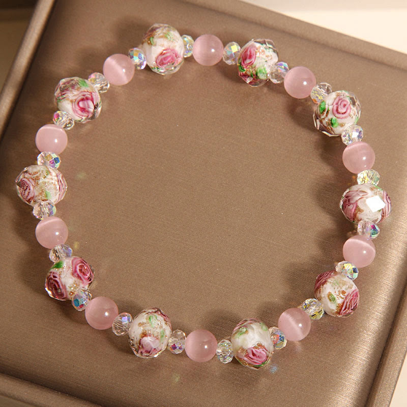 KarmaRipple's Pink Gemstone Liuli Glass Bead Cat's Eye Warmth Bracelet p5