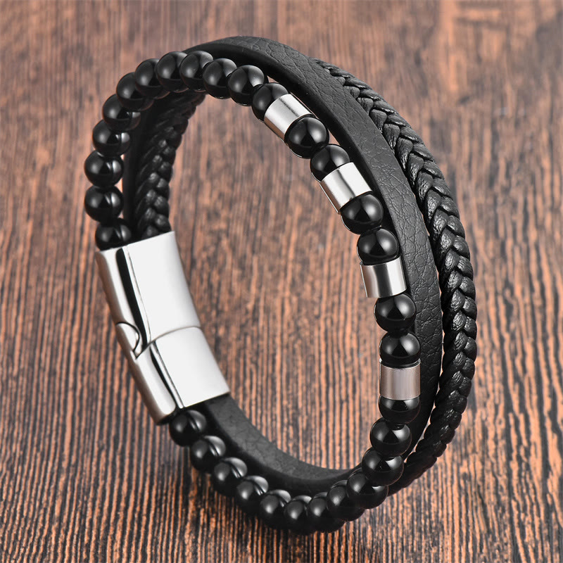 KarmaRipple's Frosted Stone Multi-layer Leather Titanium Steel Balance Buckle Bracelet p2