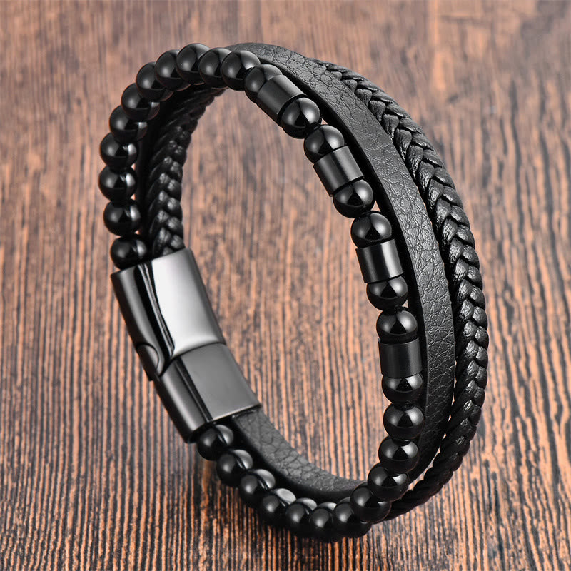 KarmaRipple's Frosted Stone Multi-layer Leather Titanium Steel Balance Buckle Bracelet p1