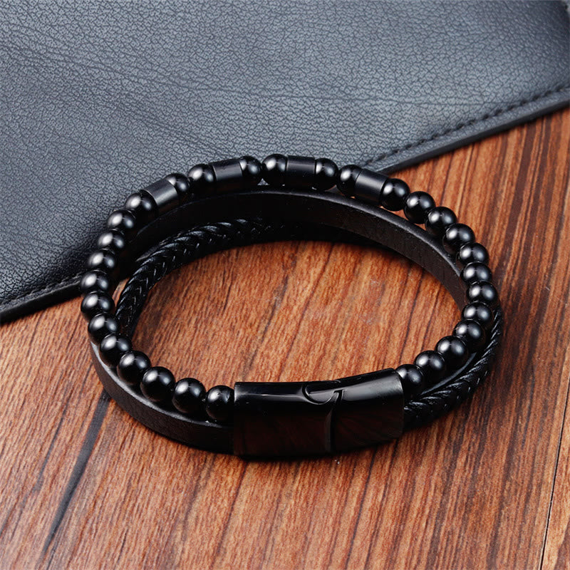 KarmaRipple's Frosted Stone Multi-layer Leather Titanium Steel Balance Buckle Bracelet p3