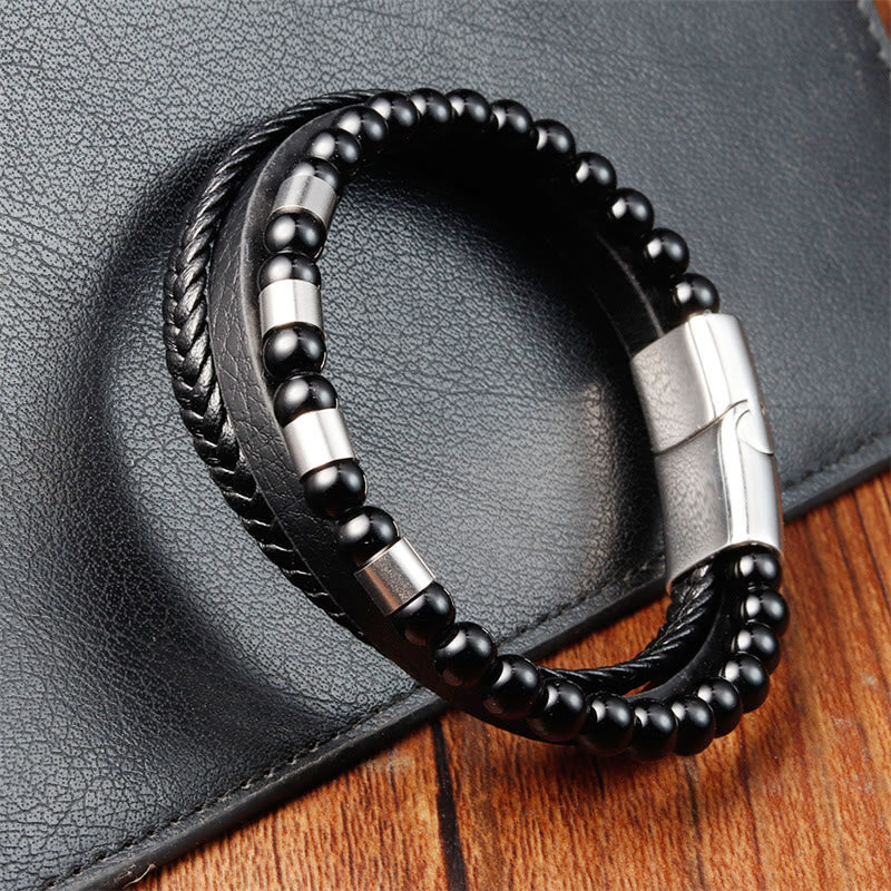 KarmaRipple's Frosted Stone Multi-layer Leather Titanium Steel Balance Buckle Bracelet p9