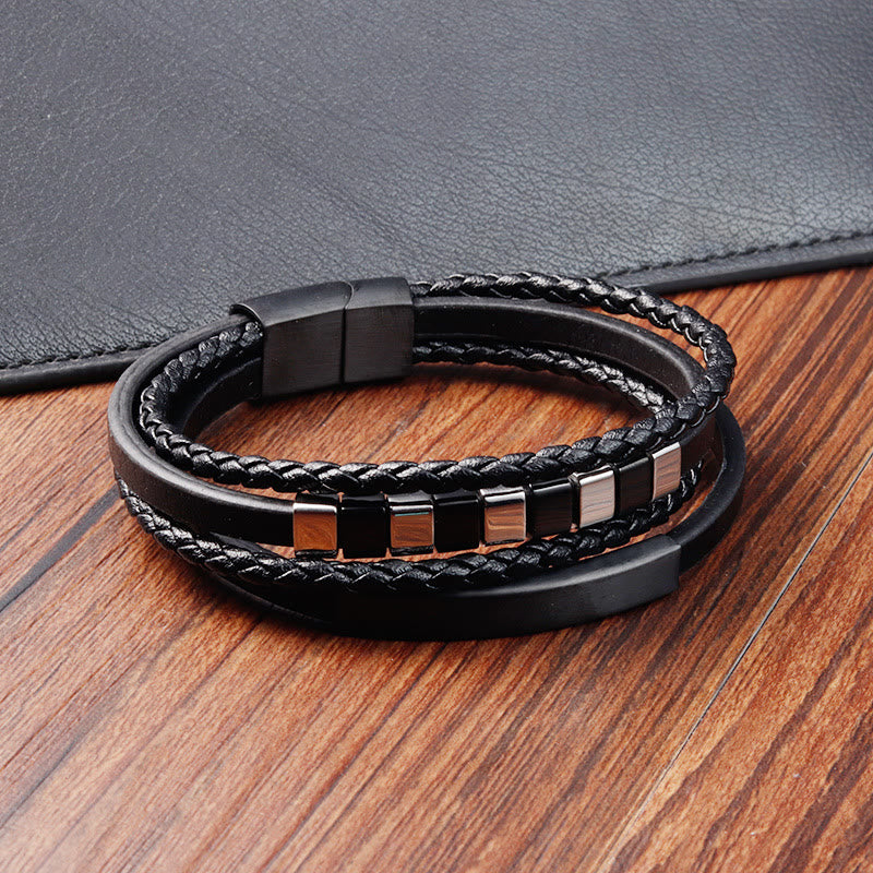 KarmaRipple's Square Titanium Steel Leather Multi-layer Buckle Calm Bracelet p2