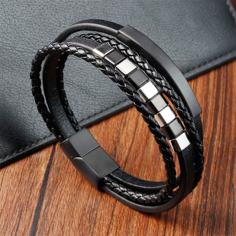 KarmaRipple's Square Titanium Steel Leather Multi-layer Buckle Calm Bracelet p5