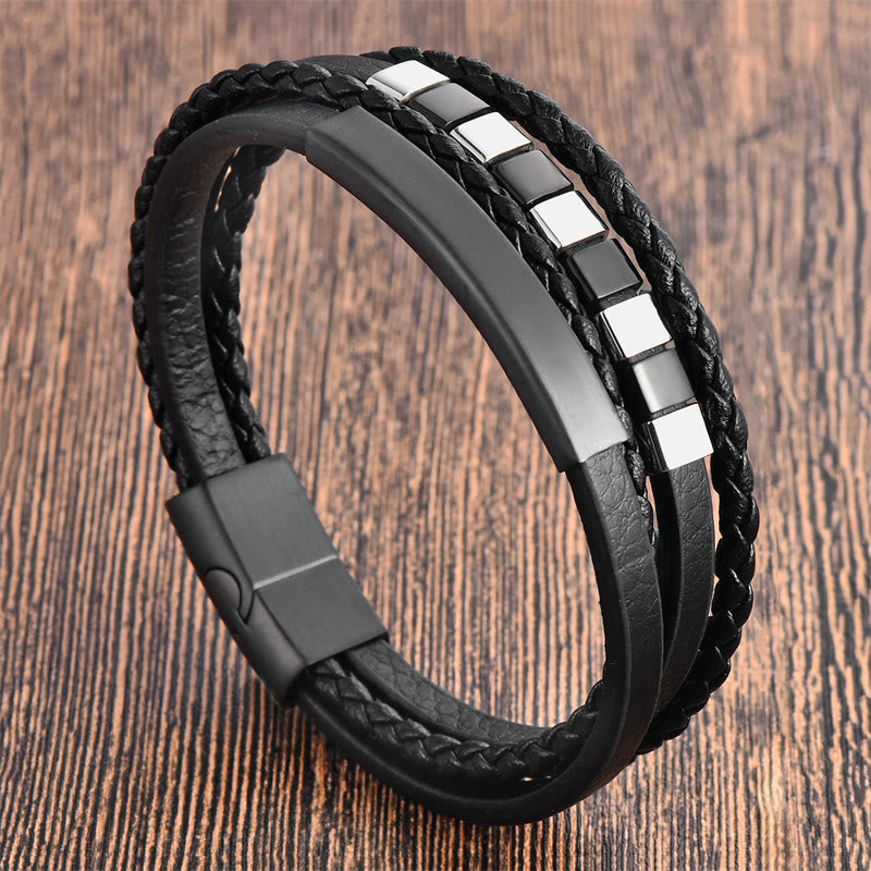 KarmaRipple's Square Titanium Steel Leather Multi-layer Buckle Calm Bracelet p11