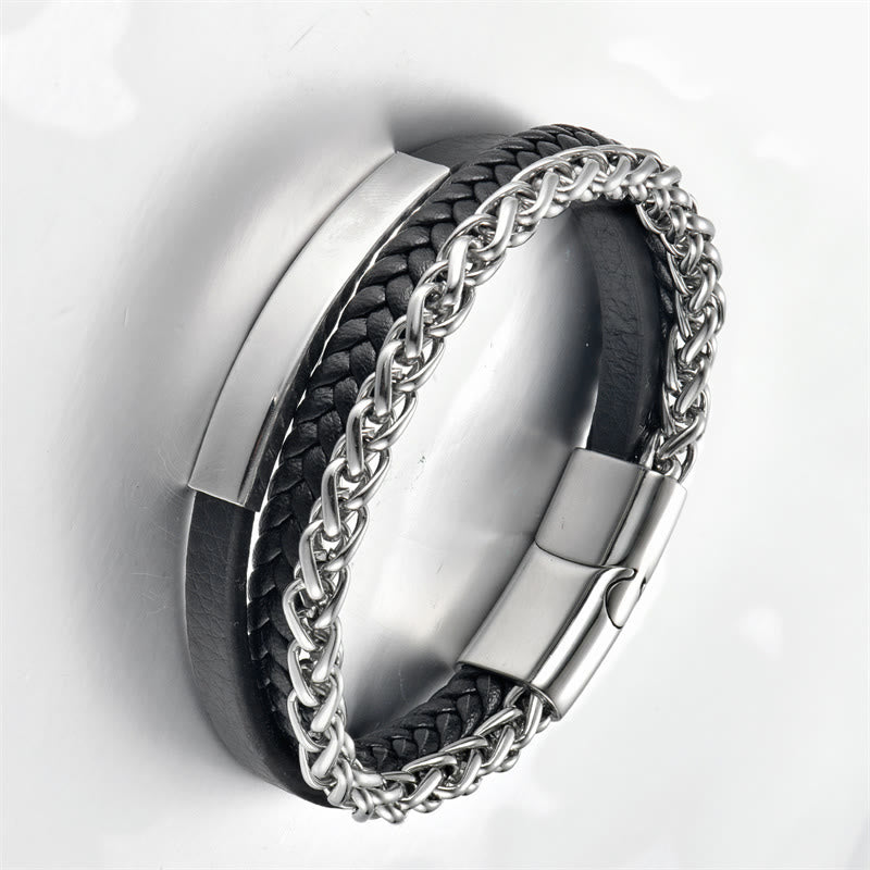 KarmaRipple's Woven Pattern Titanium Steel Stimulation Multi-layer Leather Buckle Bracelet p9