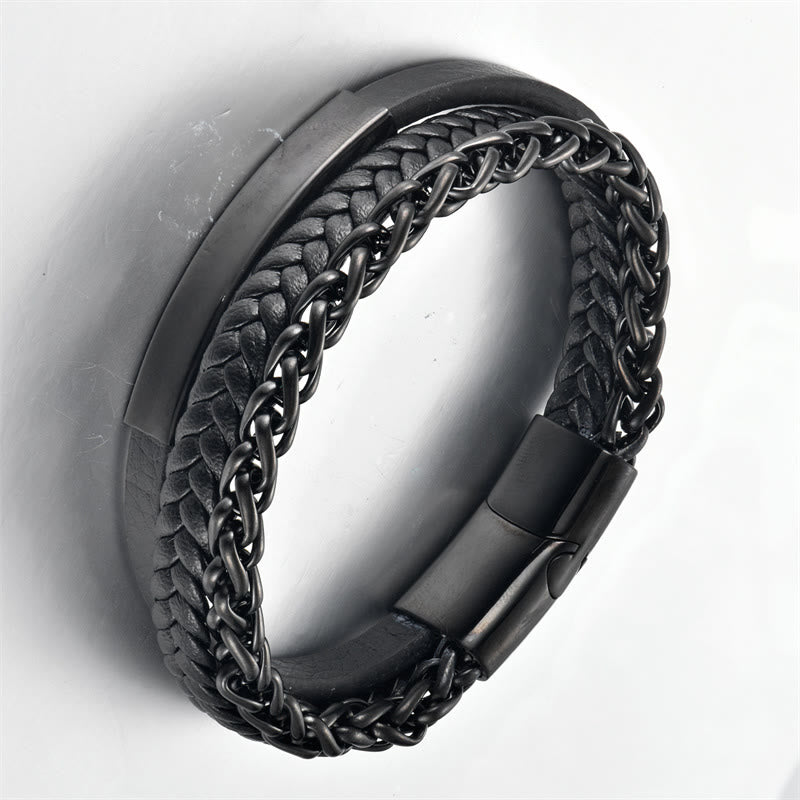 KarmaRipple's Woven Pattern Titanium Steel Stimulation Multi-layer Leather Buckle Bracelet p5