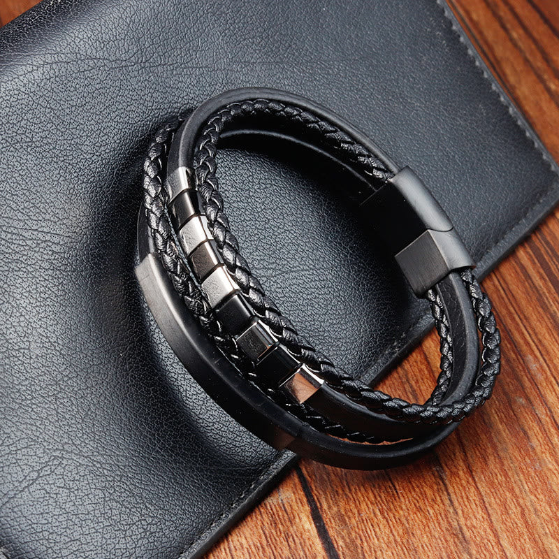 KarmaRipple's Square Titanium Steel Leather Multi-layer Buckle Calm Bracelet p3