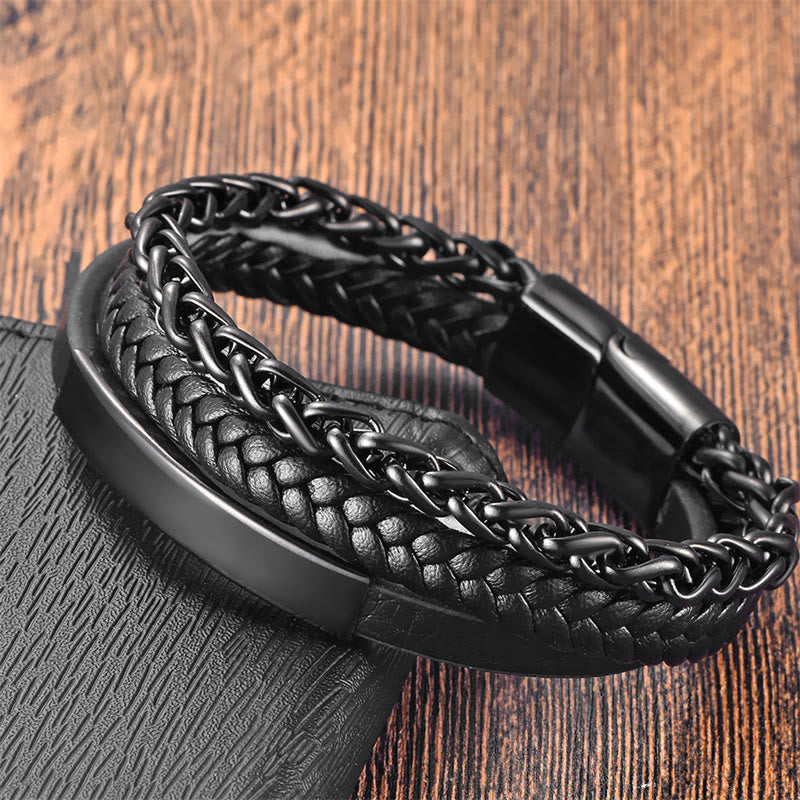 KarmaRipple's Woven Pattern Titanium Steel Stimulation Multi-layer Leather Buckle Bracelet p1