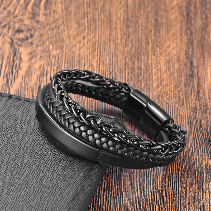 KarmaRipple's Woven Pattern Titanium Steel Stimulation Multi-layer Leather Buckle Bracelet p4
