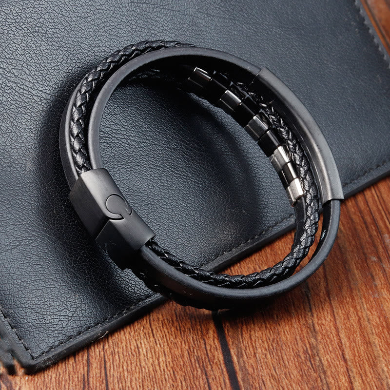 KarmaRipple's Square Titanium Steel Leather Multi-layer Buckle Calm Bracelet p4