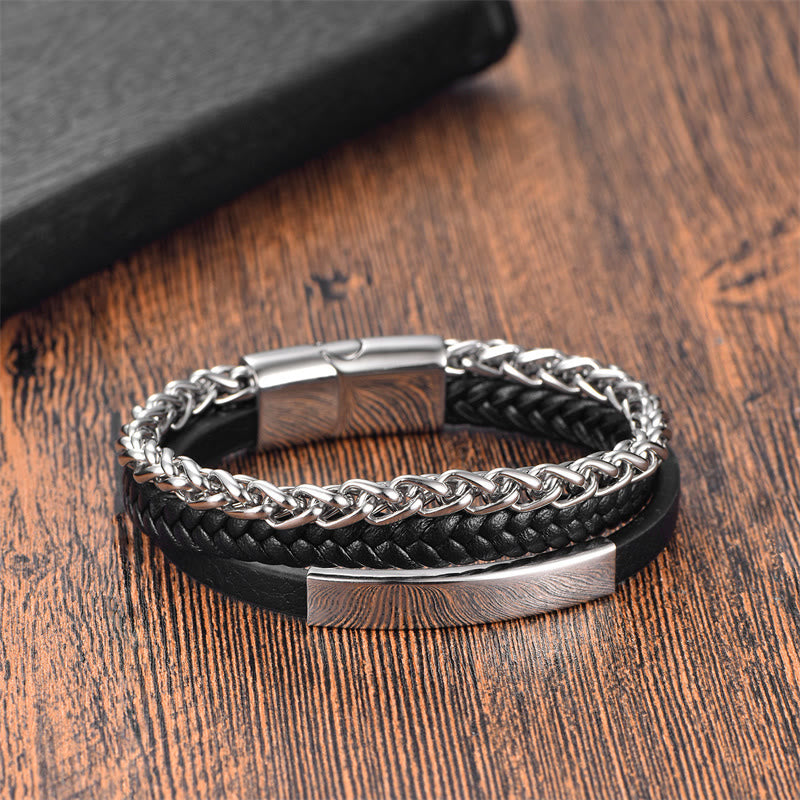 KarmaRipple's Woven Pattern Titanium Steel Stimulation Multi-layer Leather Buckle Bracelet p2