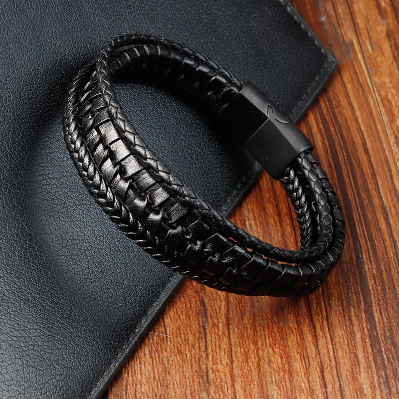KarmaRipple's Simple Woven Pattern Titanium Steel Strengthen Multi-layer Leather Buckle Bracelet p9